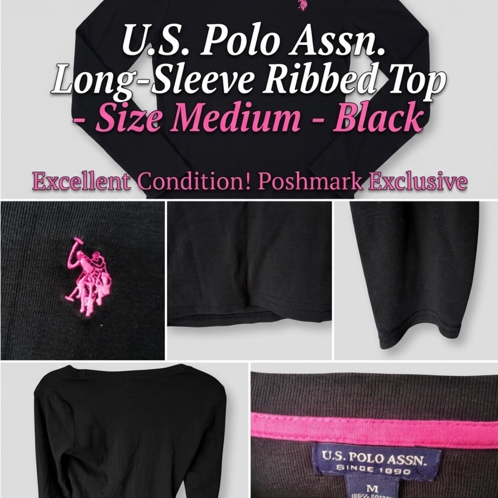 U.S. Polo Assn. Black Long-Sleeve Ribbed Crew Neck Sweater with Pink Logo